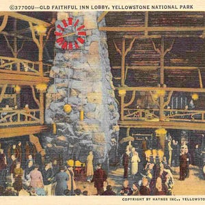 Carte postale en lin des années 40, parc national de Yellowstone, Wyoming, hall Old Faithful Inn