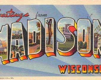 Greetings From Madison Wisconsin Large Letter linen postcard
