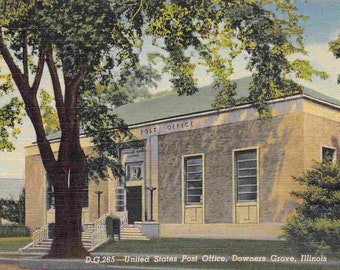 US Post Office Downers Grove Illinois 1950s linen postcard