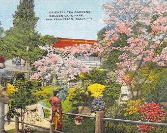 Oriental Tea Garden Golden Gate Park San Francisco California #2 1940s linen postcard