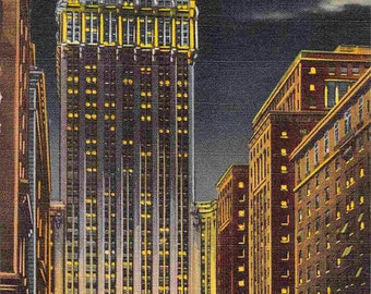 Park Avenue New York Central Building Night New York City 1950s linen postcard