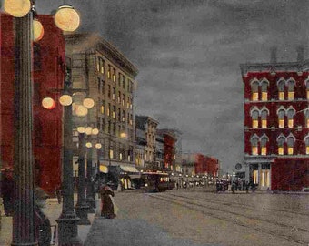 Second Avenue at Night Moon Streetcar Rock Island Illinois 1913 postcard