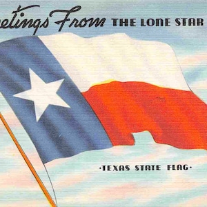 Saluti della bandiera dello stato del Texas dalla cartolina di lino degli anni '40 della Lone Star State