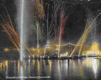 Fireworks Display Night Lake Venice California 1911 postcard