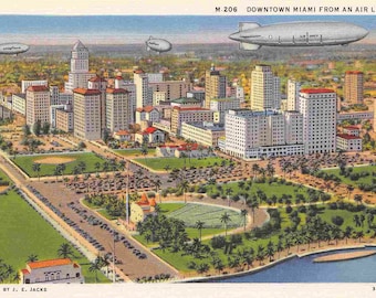 Downtown Miami Aerial View Airship Florida 1950s linen postcard