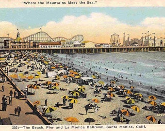 Beach Pier Amusement Park Santa Monica California 1930s postcard