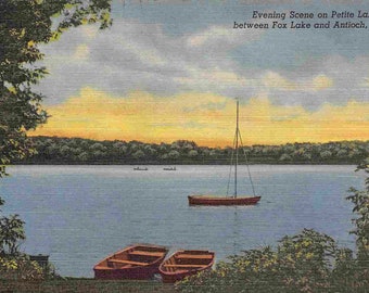 Petite Lake Evening Scene Fox Lake Antioch Illinois 1950s linen postcard