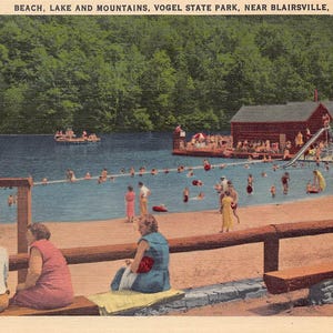 Scène de plage Vogel State Park Blairsville Géorgie des années 40 Carte postale en lin