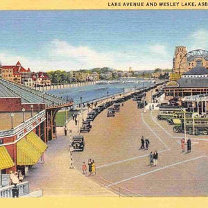 Carte postale en lin des années 40, Lake Avenue, Wesley Lake Asbury Park, New Jersey