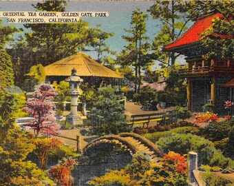 Oriental Tea Garden Golden Gate Park San Francisco California 1940s linen postcard