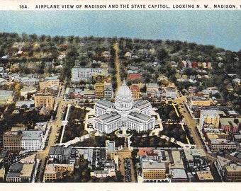 Aerial View Madison Downtown State Capitol Wisconsin 1930s postcard