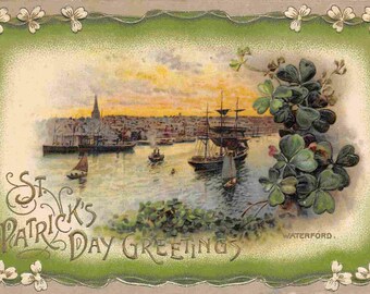 Tramore Panorama Sailing Ship County Waterford St Patrick's Day Irish Ireland 1914 postcard