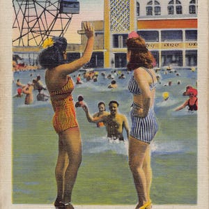 Les Belles baignades avec piscine Steeplechase Amusement Park Coney Island New York années 40 Carte postale en lin