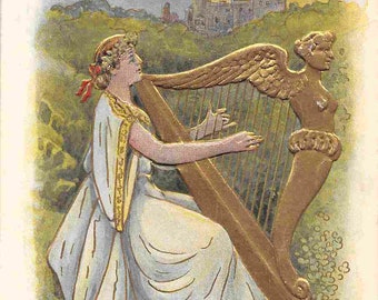 Maid of Erin Woman Harp Tara Halls St Patrick's Day Irish Greeting Ireland 1908 postcard