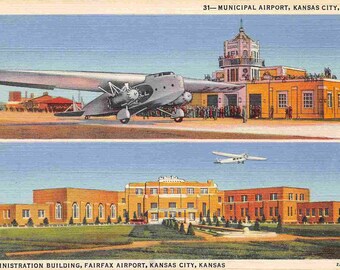 Municipal & Fairfax Airports Plane Kansas City Missouri Kansas 1940s linen postcard