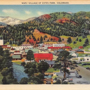 Carte postale en lin Estes Park Panorama Rocky Mountain National Park, Colorado des années 40