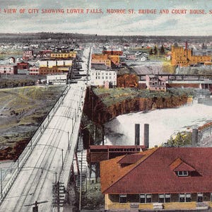 Panorama Spokane Lower Falls Bridge Court House Washington cartolina anni '10