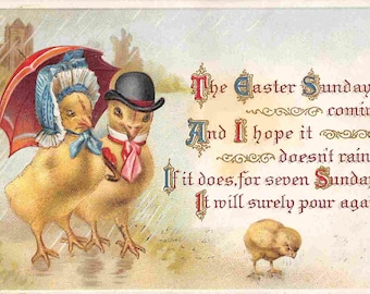 Dressed Chicks Sunday Rain Umbrella Happy Easter Greeting 1915 postcard