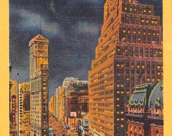 Times Square Night Paramount Building New York City NY 1950s linen postcard