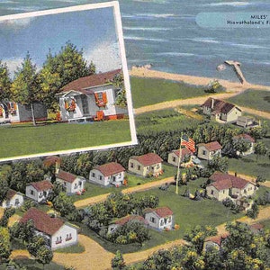 Vue aérienne de Miles Cabins Shore Lake Huron St Ignace, Michigan des années 40, carte postale en lin