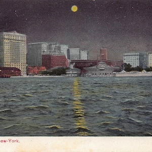 Carte postale des années 1910 sur les toits de la ville de New York au clair de lune, NY