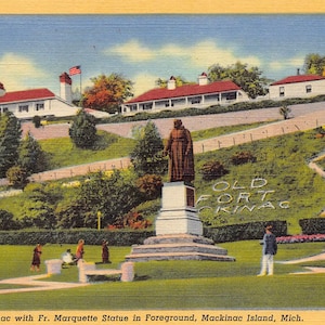 Carte postale en lin Old Fort Father Marquette, Mackinac Island, Michigan, années 40