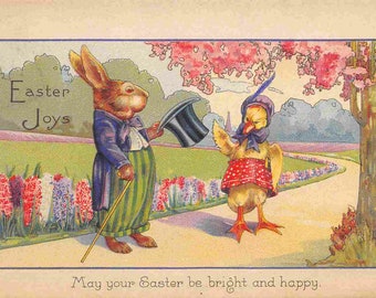 Dressed Rabbit Chick Happy Easter Joys Bright Greeting 1910s postcard