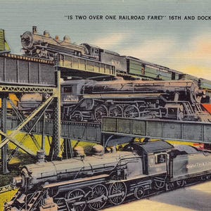 Trois trains de compagnies de chemin de fer Rencontrez Richmond, Virginie, carte postale en lin des années 40