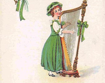 Sweet Irish Melodies Woman Harp St Patrick's Day Greeting Irish Maid Erin Ireland 1916 postcard