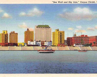 City Sky Line Sea Wall Corpus Christi Texas 1950s linen postcard