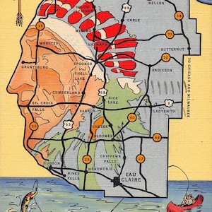 Carte du pays Indian Head du Wisconsin, carte postale en lin Eau Claire