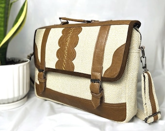 Hemp Laptop Bag with Leather Accents: Eco-Friendly Boho Tote