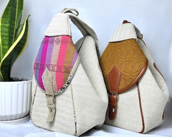 Handmade Premium Bag-Convertible Multi-way Backpack Purse, Crossbody with Leather Accents–Unique Design, Eco-Friendly, Stylish Good for Gift