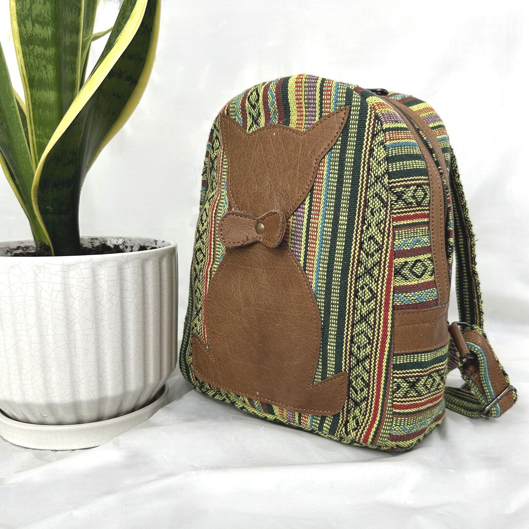 Mini Hemp Backpack – Cat Design | Eco-friendly Small Bag With Leather ...