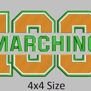 Puede incluir: Parche bordado naranja y verde con el número "100" y la palabra "MARCHING" entre los números. El parche mide 10,16 cm x 10,16 cm.