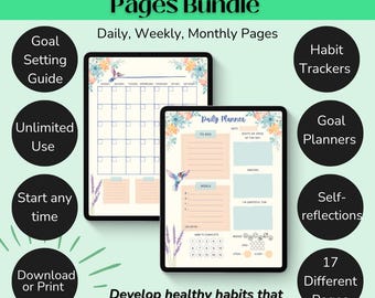 downloadable undated planner pages, healthy habit planner bundle, digitalplanner bundle, goal setting workbook, planning-digital-templates