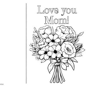 10 tarjetas imprimibles para colorear para el Día de la Madre, ortografía americana "MOM", flores, dinosaurios, animales, niños, niñas, tarjetas plegables, para colorear