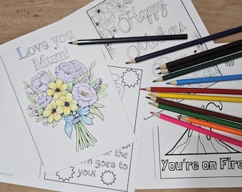 10 printable cards to colour for Mother's Day, Australian UK spelling, flowers, dinosaurs, animals, boys, girls, folding cards, colouring
