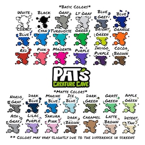 K&ouml;nnte beinhalten: Farbtabelle mit einer Vielzahl von Farben, darunter Basis- und Mattfarben. Die Tabelle enth&auml;lt Farbbezeichnungen wie Wei&szlig;, Schwarz, Grau, Blau, Rot, Rosa und Lila. Der Text "PAT'S CREATURE CAVE" ist ebenfalls vorhanden.