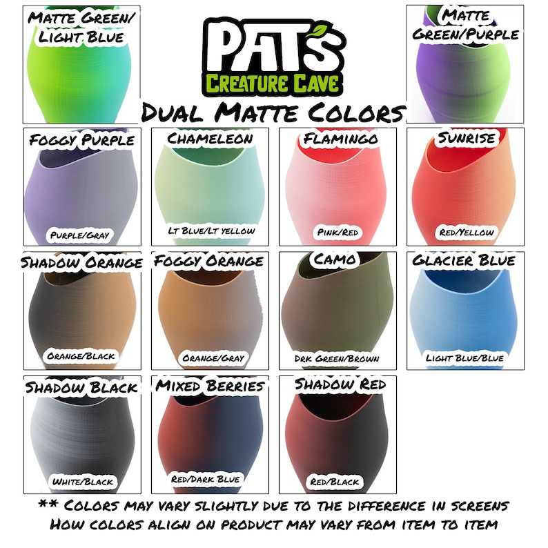 K&ouml;nnte beinhalten: Ein Bild mit verschiedenen dualen matten Farboptionen f&uuml;r ein Produkt von Pat's Creature Cave. Das Bild zeigt mehrere Farbkombinationen, darunter Gr&uuml;n/Blau, Lila/Grau, Rosa/Rot und Rot/Gelb. Der Text auf dem Bild lautet "Dual Matte Colors."
