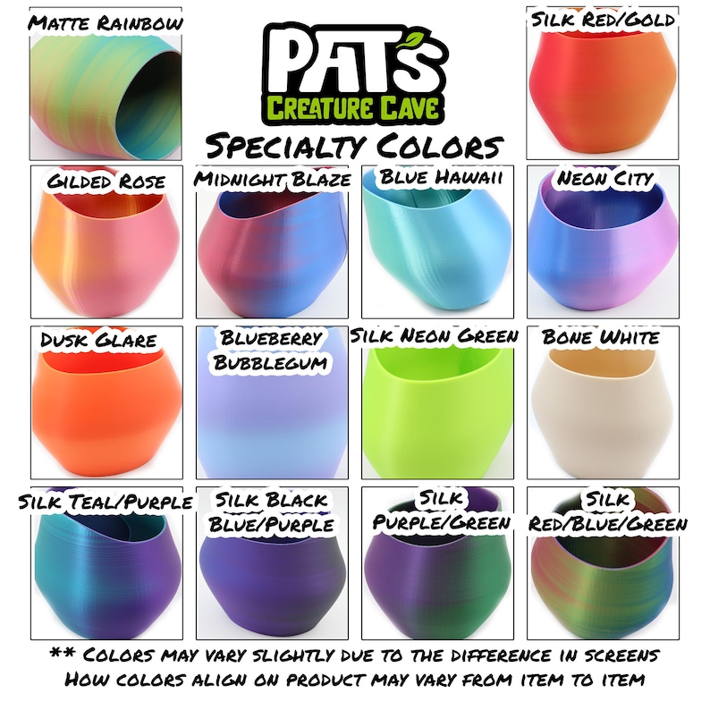 K&ouml;nnte beinhalten: Ein Raster von zw&ouml;lf farbenfrohen, einzigartig geformten Beh&auml;ltern. Farben sind unter anderem mattes Regenbogen, Seide Rot/Gold, vergoldete Rose, Mitternachtsfeuer, Blau Hawaii, Neon City, D&auml;mmerungsglanz, Blaubeere Bubblegum, Seide Neongr&uuml;n, Knochenwei&szlig;, Seide T&uuml;rkis/Lila, Seide Schwarz/Blau/Lila, Seide Lila/Gr&uuml;n und Seide Rot/Blau/Gr&uuml;n. Text lautet "PAT'S CREATURE CAVE SPECIALTY COLORS".