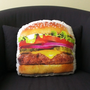 Hamburger Pillow decorative pillow throw pillow burger food cheeseburger home decor girlfriend gift boyfriend gift funny foodie gift college image 1