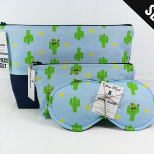 Cactus Toiletry Bag Set: Succulent Print Makeup Organizer, Sleep Mask