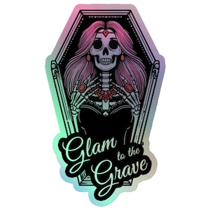 Coffin Holographic sticker, Halloween decal, skeleton sticker, pink Halloween, goth stickers, laptop sticker, gothic decor, computer sticker