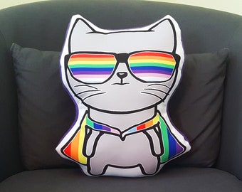 Rainbow Cat Pillow, Ally Cat gift, kawaii pride, LGBTQ decor, pride month, lgbtq discreet, gay pride throw pillow, transgender, queer gift