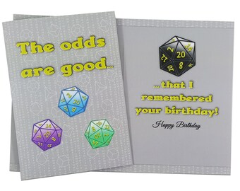 Tarjeta de cumpleaños con dados D20, tarjeta de cumpleaños para geeks, regalos para nerds, dados de rol de Dungeon Master, regalos para geeks, dados poliédricos, estadísticas, gamer, matemáticas, estadísticos.