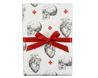Skull Wrapping Paper Anatomical Heart doctor gift wrap nurse gift medical student gift wrapping goth anatomy print christmas wrapping gothic