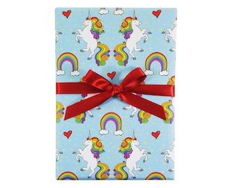 Unicorn Wrapping Paper: Rainbow Hair, Hearts & Stars - 20" x 29" Sheet