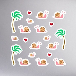 Snail Stickers, cute animal stickers, kawaii, laptop decal, planner sticker, sticker sheet, nature, journal, water bottle sticker, palm tree
