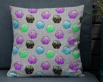D20 Throw Pillow - 18" x 18" Premium Pillow with cover and zipper - polyhedral dice, dnd, gamer, magic, board game room decor, nerdy, geek